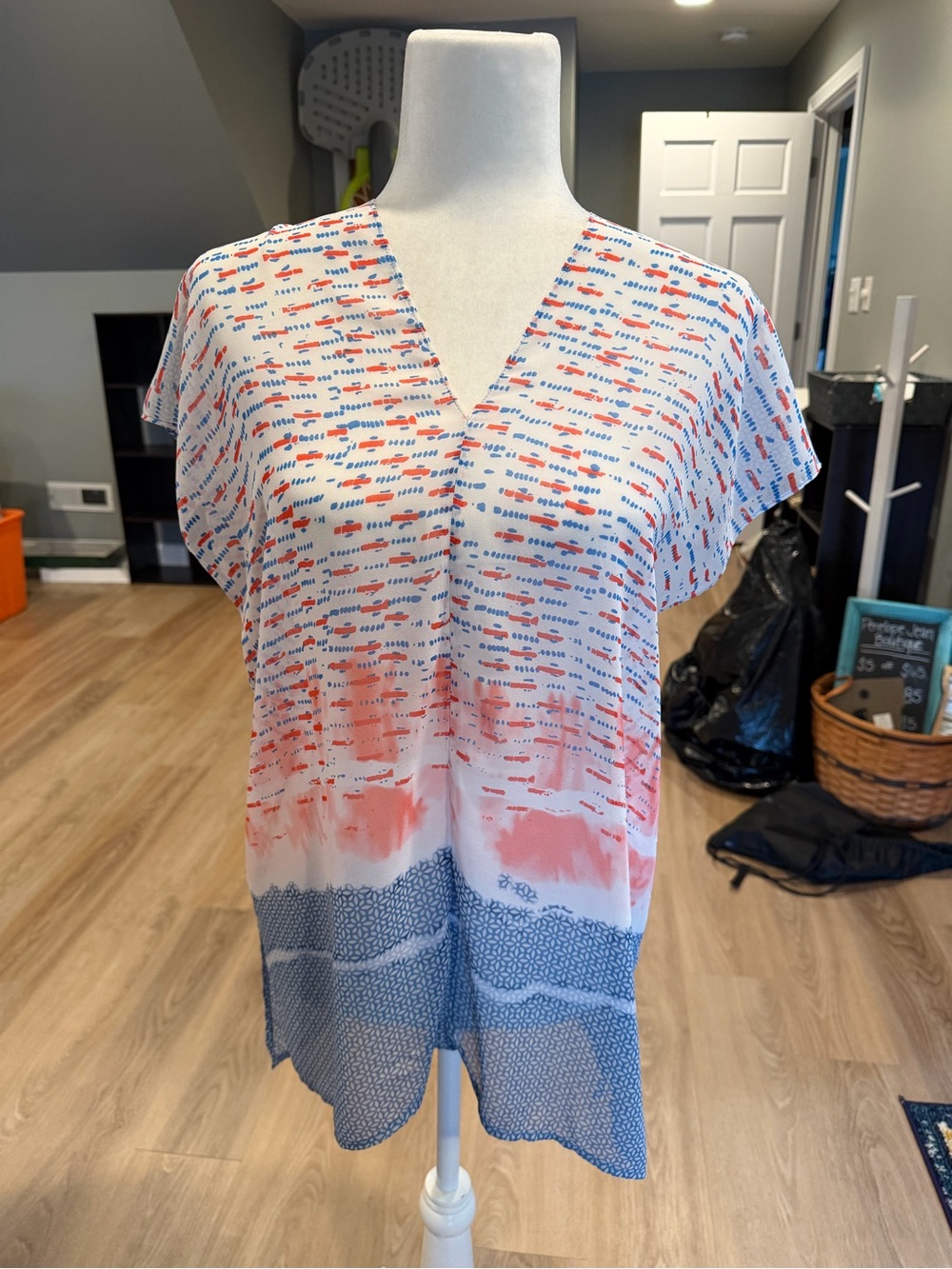 CAbi Blue & White Geometric Print Blouse